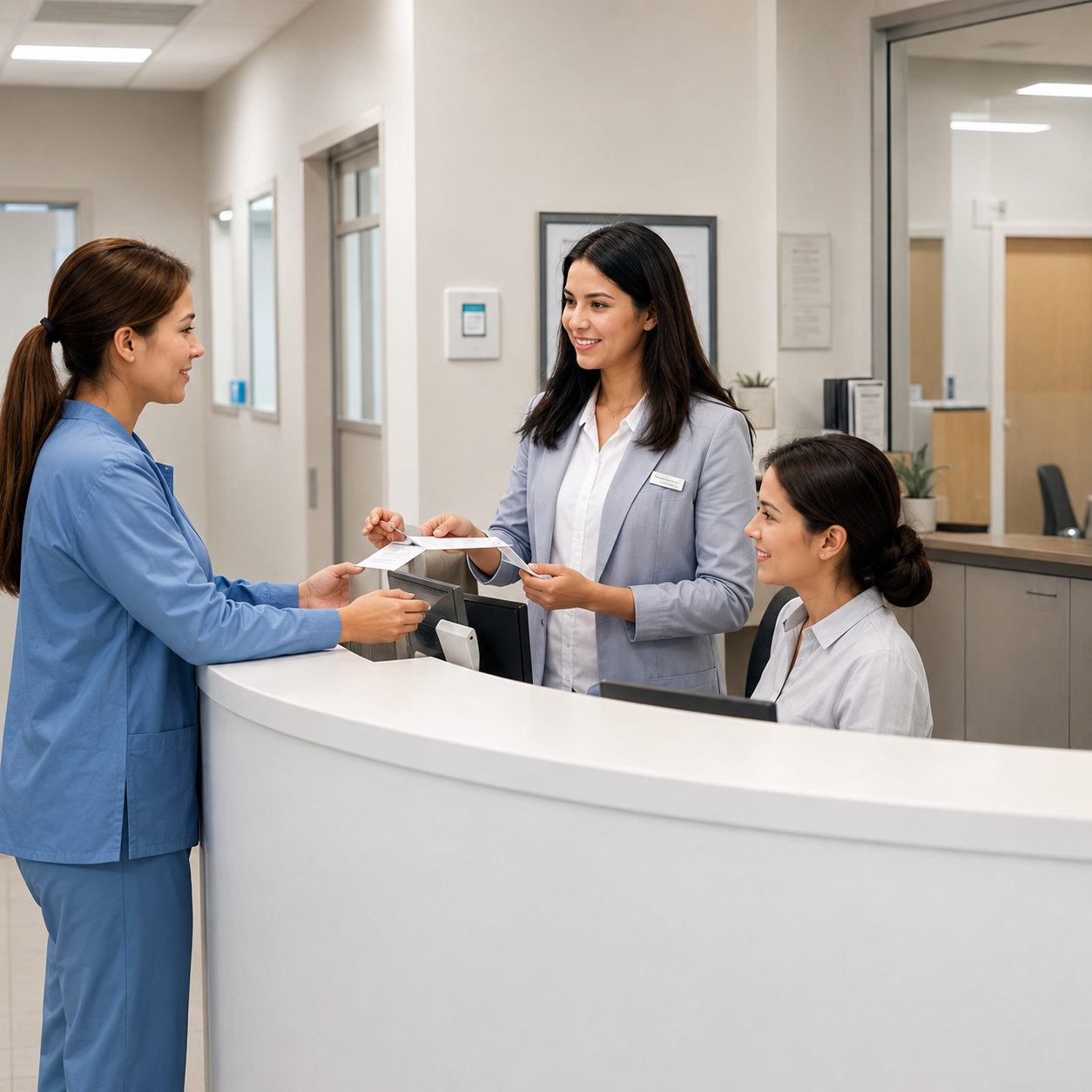 Recepción de una clínica atendiendo pacientes