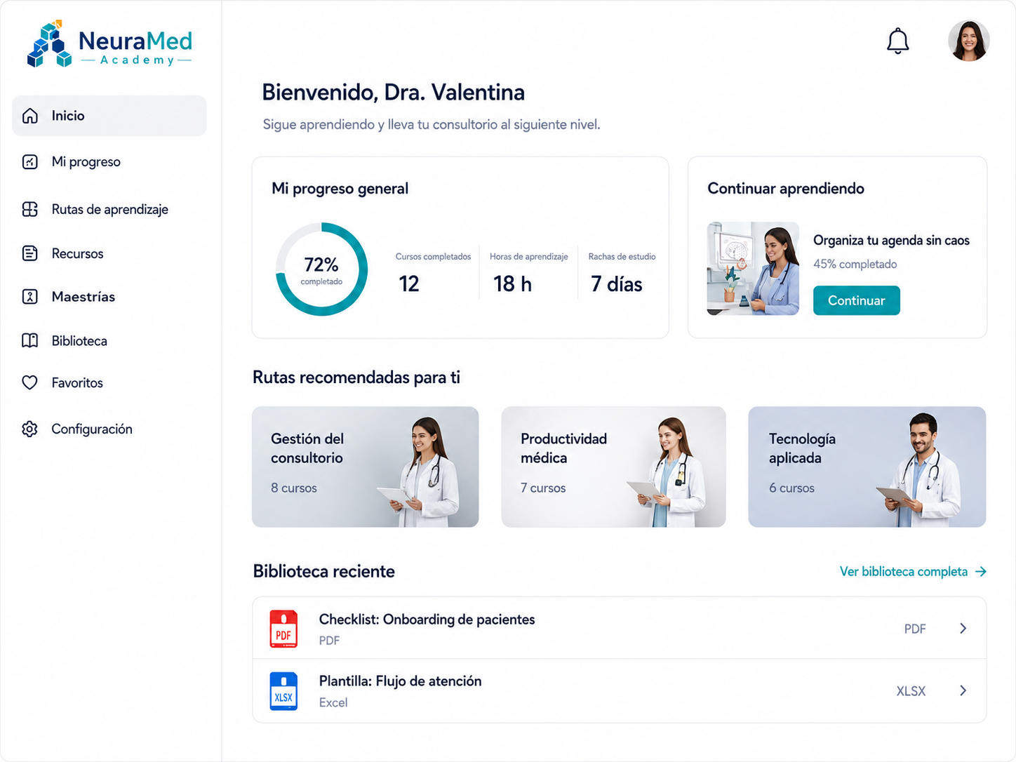 Panel de aprendizaje de NeuraMed Academy