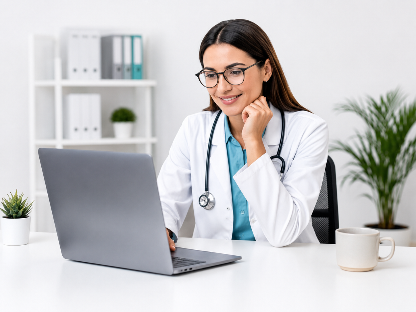 Médica estudiando en línea desde su consultorio